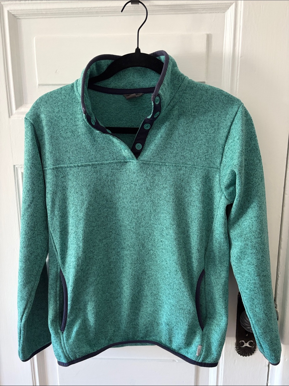 Eddie Bauer Teal Green Quarter-Button Fleece Pullover with Navy Trim